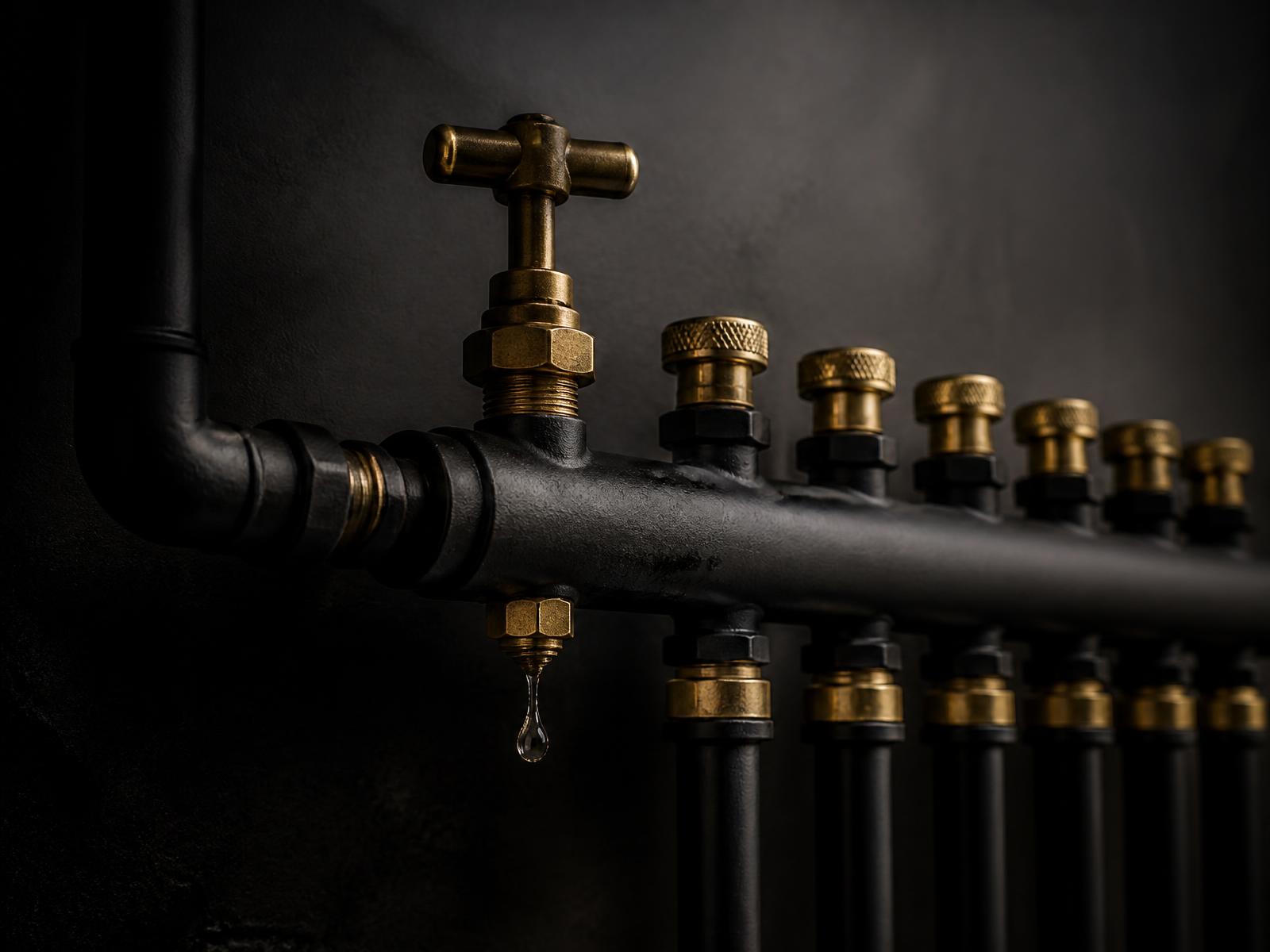 Installation de plomberie en laiton et acier noir, réalisée avec précision